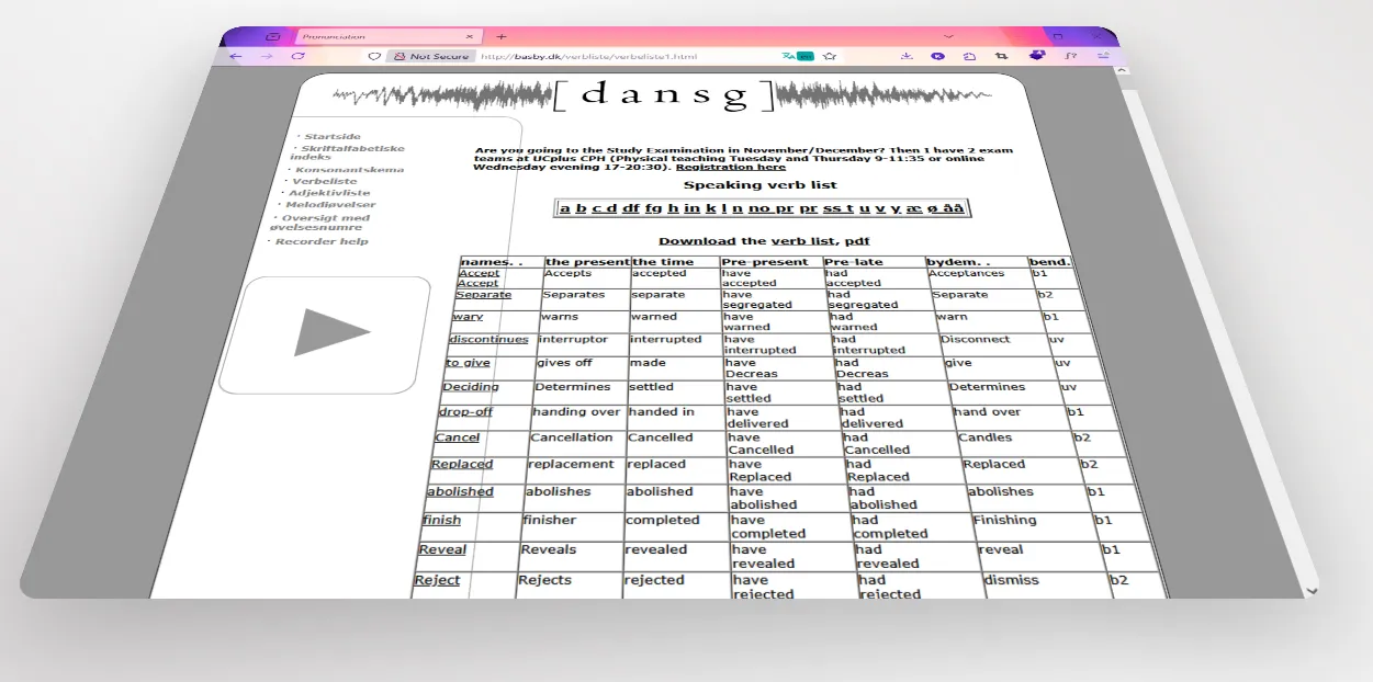 Basby website's verb list