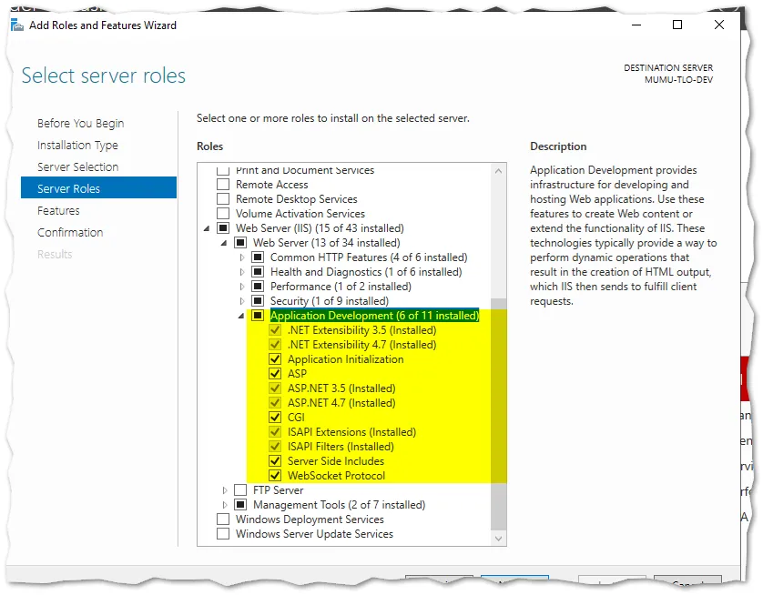 Select all dev options in windows feature on off