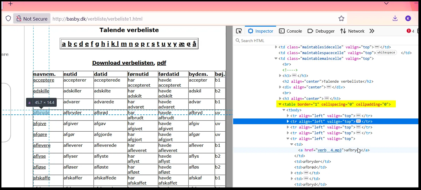 verb list in html page